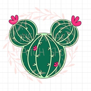 May include: Green cactus with pink flowers shaped like Mickey Mouse ears.