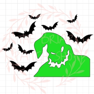 Op de afbeelding: Groene en zwarte silhouet van het personage, de Grinch, uit de film How the Grinch Stole Christmas. De Grinch wordt omringd door zwarte vleermuizen.