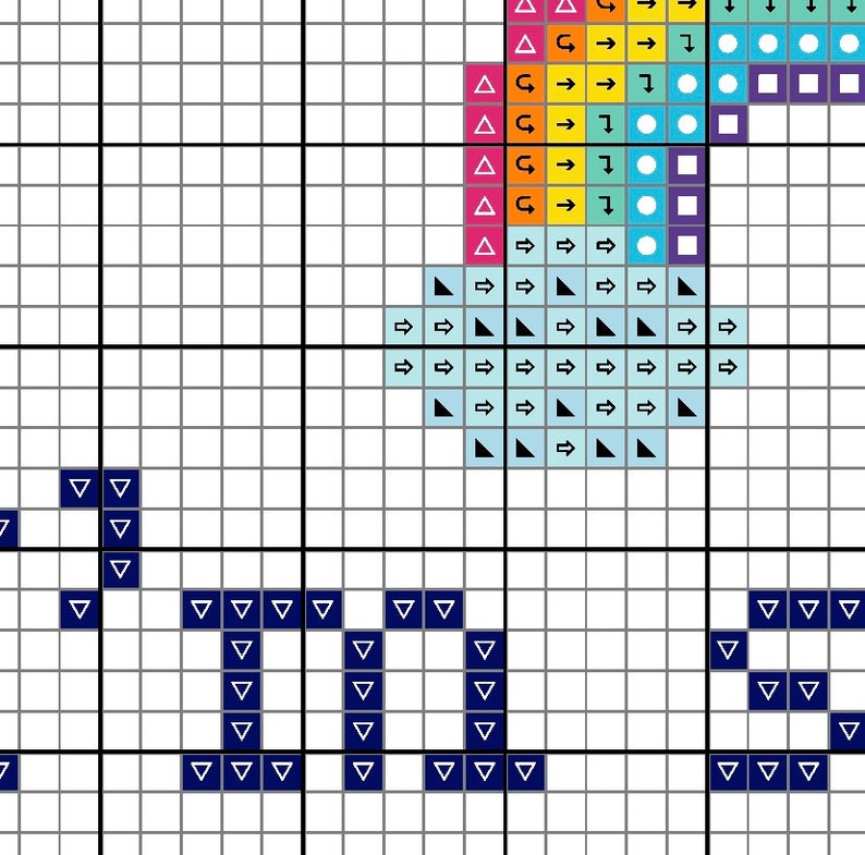 May include: A cross stitch pattern featuring a rainbow with a blue cloud and the word "HOPE" in blue.