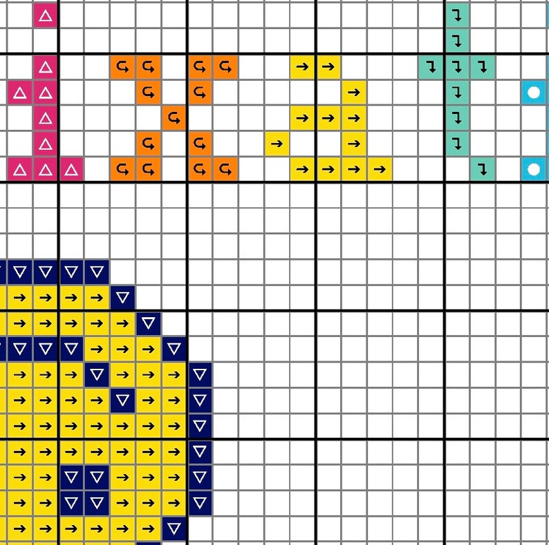 May include: A cross-stitch pattern with a yellow smiley face, blue triangles, and orange and yellow arrows. The pattern also includes pink triangles, blue circles, and green arrows.