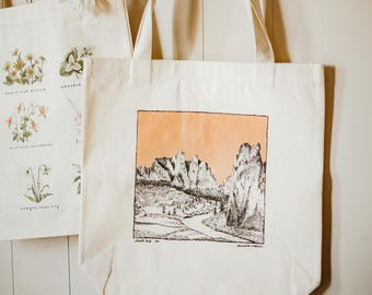 Smith Rock Art Tote Bag - originally hand drawn in pen - Cotton Canvas