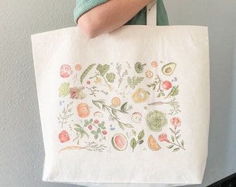 Large Grocery Tote Bag - hand drawn artwork - sturdy