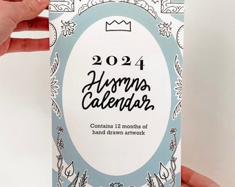 2024 Hymn Calendar ~ mini 5.5x8.5 wall calendar, hand drawn with pens - filled with Christian hymns