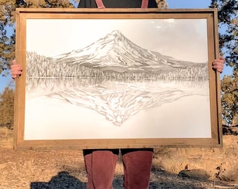 Mt Hood Art Canvas Poster Print - Hand Drawn Black & White Pen
