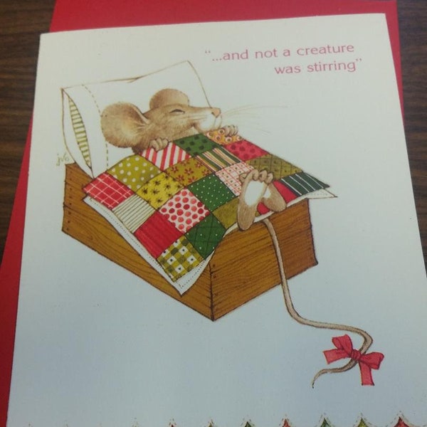 Vintage Greeting Card - Gibson Card * Christmas Card  * Cute Mouse Asleep in Box - Patchwork Quilt Mouse(CGC1)