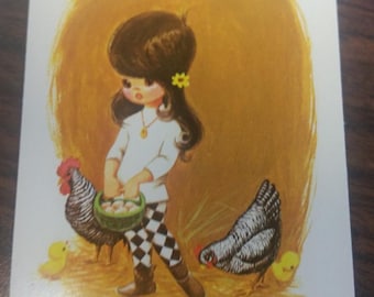 Vintage Ephemera Lot ~ Brunette Girl with Big Eyes and Chickens Playing Cards ~ 70s ~ Mixed Media Collage ~ Junk Journal ~ Swap Cards