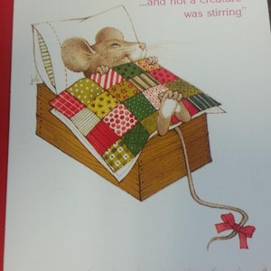 Vintage Greeting Card Gibson Card Christmas Card Cute Mouse Asleep in Box Patchwork Quilt MouseCGC1 image 2