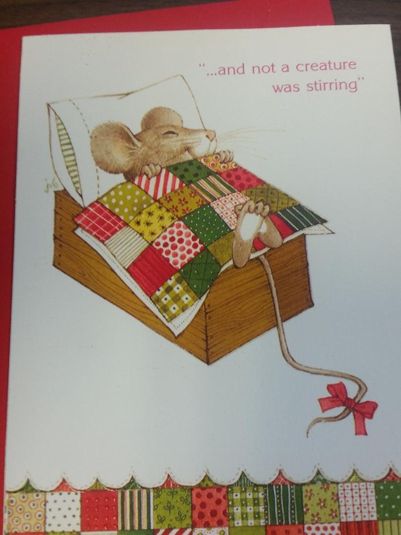 Vintage Greeting Card Gibson Card Christmas Card Cute Mouse Asleep in Box Patchwork Quilt MouseCGC1 image 2