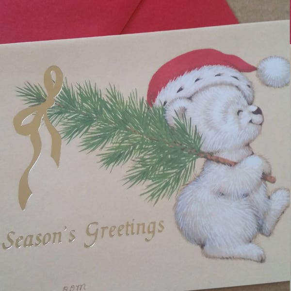 Vintage Greeting Card - Sangamon Christmas Bear Carrying Christmas Tree - Signed BDM