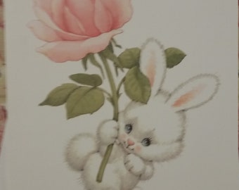 Vintage Greeting Card - Current Easter Card  - Ruth Morehead  - Easter Parade Bunny Card - White Bunny With Pink Rose