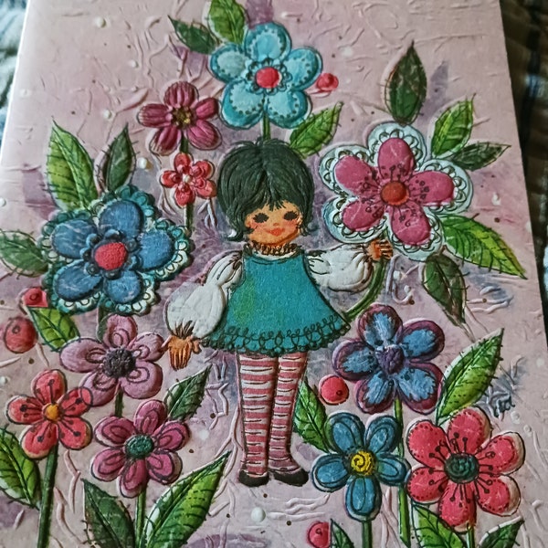 Vintage Greeting Card - Vintage Get Well Card * Little Girl in Blue Surrounded by Flowers - Unused Card(GC2)