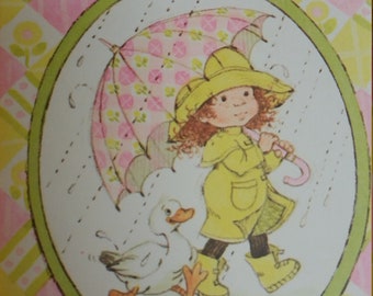 Vintage Greeting Card - Sangamon Cards - Blank Card - Social Notes - Yellow Raincoat Girl with Umbrella and Duck