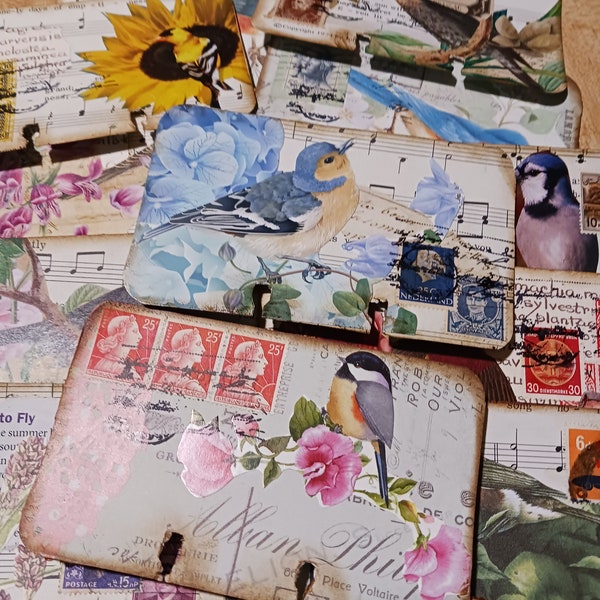 Birds and Flowers Embellished Rolodex Cards - Junk Journal Supplies - Junk Journal Embellishments - 6 cards