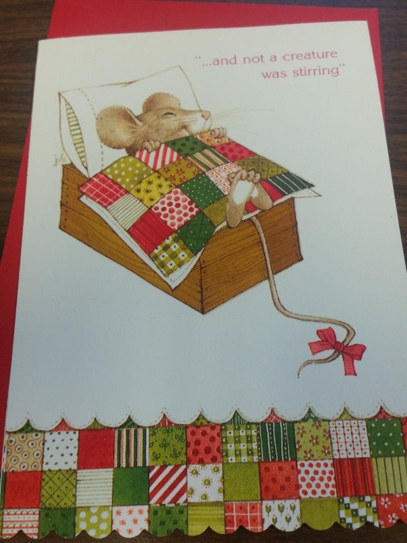 Vintage Greeting Card Gibson Card Christmas Card Cute Mouse Asleep in Box Patchwork Quilt MouseCGC1 image 1
