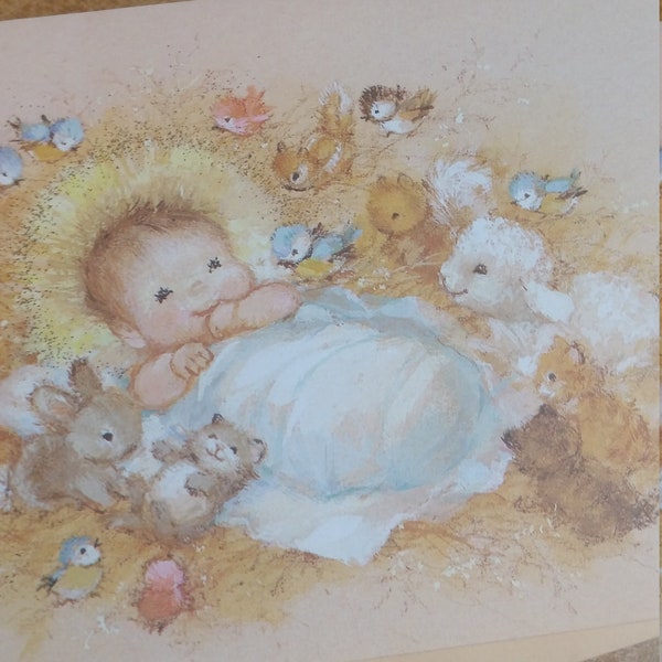 Vintage Greeting Card - Hallmark Card * Christmas Card  * Baby Jesus Surrounded by Baby Animals - Mary Hamilton Ilustration