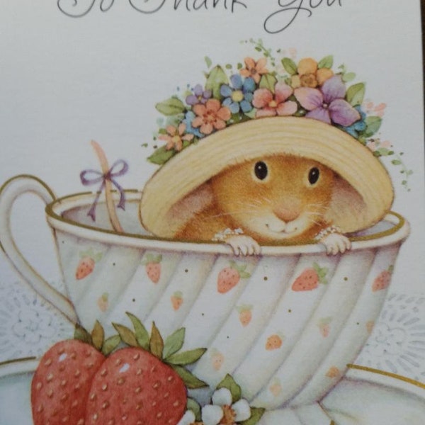 Vintage Greeting Card - Hallmark Thank You Card  - Unused Note Card - Mouse Inside Teacup with Strawberries