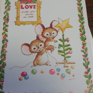 Carte de vœux vintage - Carte de Noël vintage des années 1970 - Carte souris vintage - L’amour vous rend deux fois plus grand