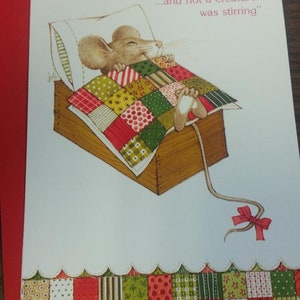 Vintage Greeting Card Gibson Card Christmas Card Cute Mouse Asleep in Box Patchwork Quilt MouseCGC1 image 3