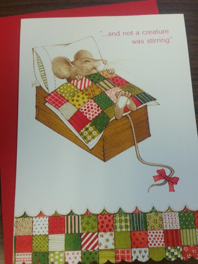 Vintage Greeting Card Gibson Card Christmas Card Cute Mouse Asleep in Box Patchwork Quilt MouseCGC1 image 3