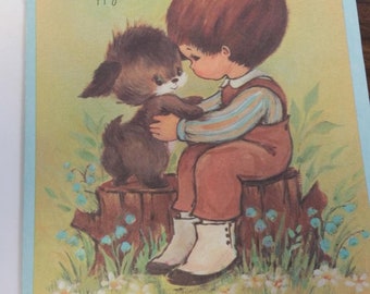 Vintage Greeting Card - Vintage Quality Crest Birthday Card * Boy Sitting on Stump with Puppy - 60s Card-(GC3)