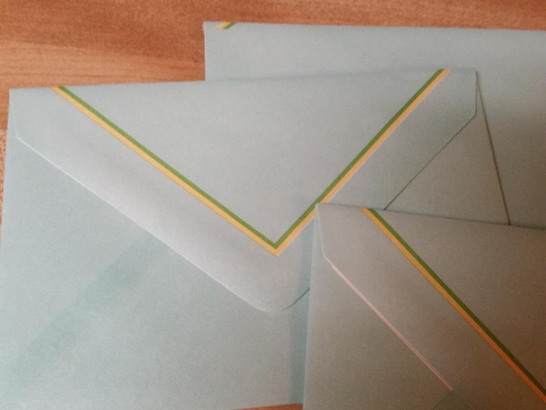 Vintage Envelope Collection ~ Trio of Mint Blue with Yellow and Green Trim Decorated Envelopes