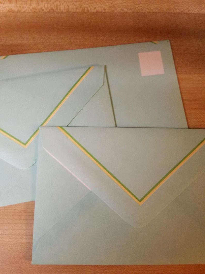 Vintage Envelope Collection ~ Trio of Mint Blue with Yellow and Green Trim Decorated Envelopes