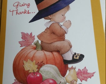 Vintage Greeting Card - Current Greeting Card  - Ruth Morehead  - Thanksgiving Card - Little Pilgrim Boy Sitting on Pumpkin Praying-(GC8)