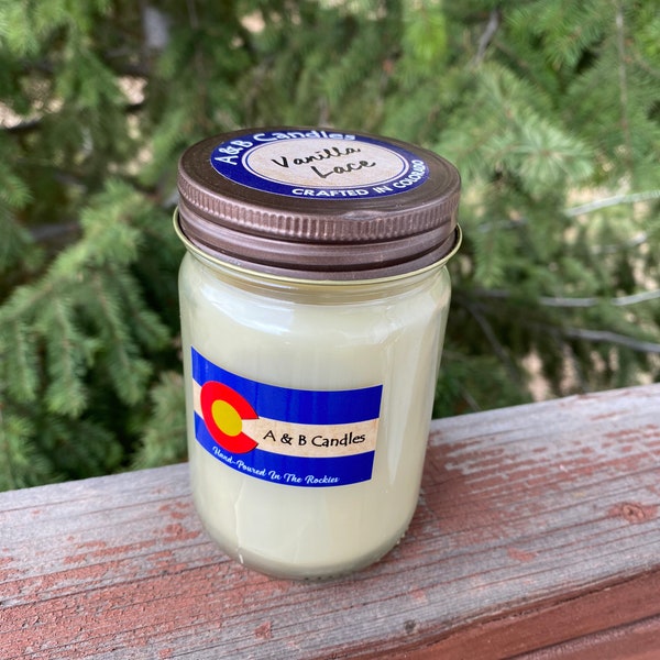 Vanilla Lace soy candle in glass.  Hand-poured in Colorado.