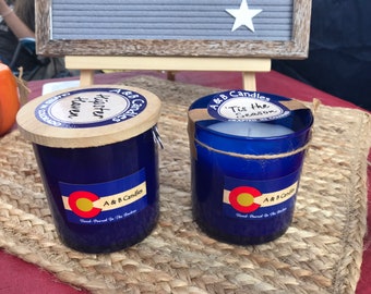 BUILD YOUR OWN - 9 ounce soy candle in royal blue glass with wooden cap, handmade in Colorado.
