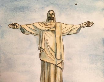 Original Christ the Redeemer Rio de Janeiro Brazil Wonders of the World Watercolour Painting