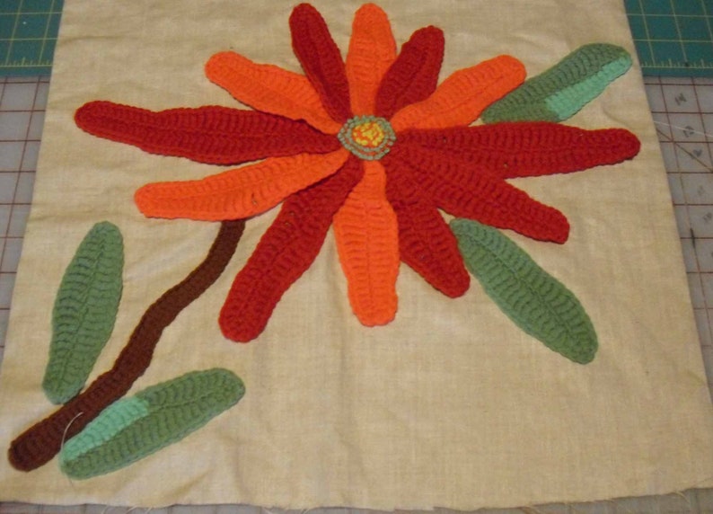 Crocheted Applique Floral Pillow Cover Bright Colors Poinsettia 16 x 16
