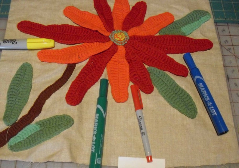 Crocheted Applique Floral Pillow Cover Bright Colors Poinsettia 16 x 16