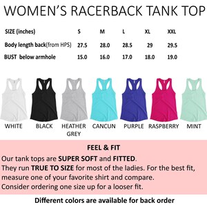 May include: Racerback tank top in various colors, including white, black, heather grey, turquoise, purple, pink, and mint. Size chart shows measurements in inches for body length and bust.