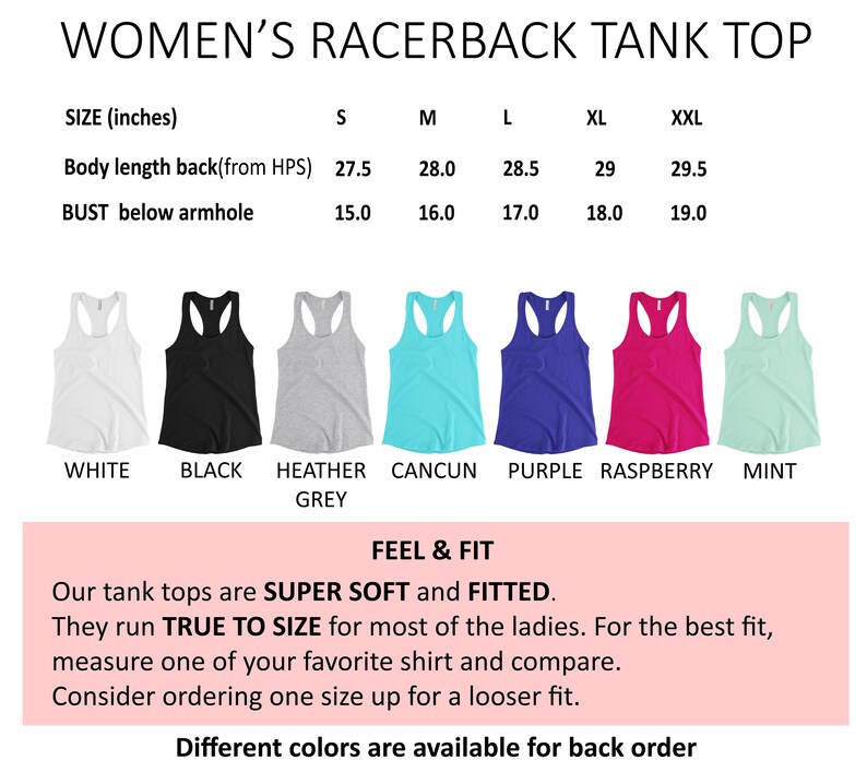 May include: Racerback tank top in various colors, including white, black, heather grey, turquoise, purple, pink, and mint. Size chart shows measurements in inches for body length and bust.