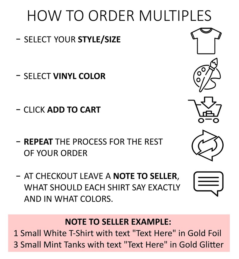 May include: A graphic with instructions on how to order multiples of a product. The graphic includes icons for selecting style, color, adding to cart, and repeating the process. It also includes a note to seller example with instructions on how to specify the text and color for each shirt.