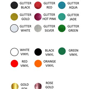 Puede incluir: Una tabla que muestra diferentes colores de vinilo y purpurina para proyectos de manualidades. Los colores incluyen negro, blanco, rojo, dorado, verde, plateado, aguamarina, rosa intenso y jade.