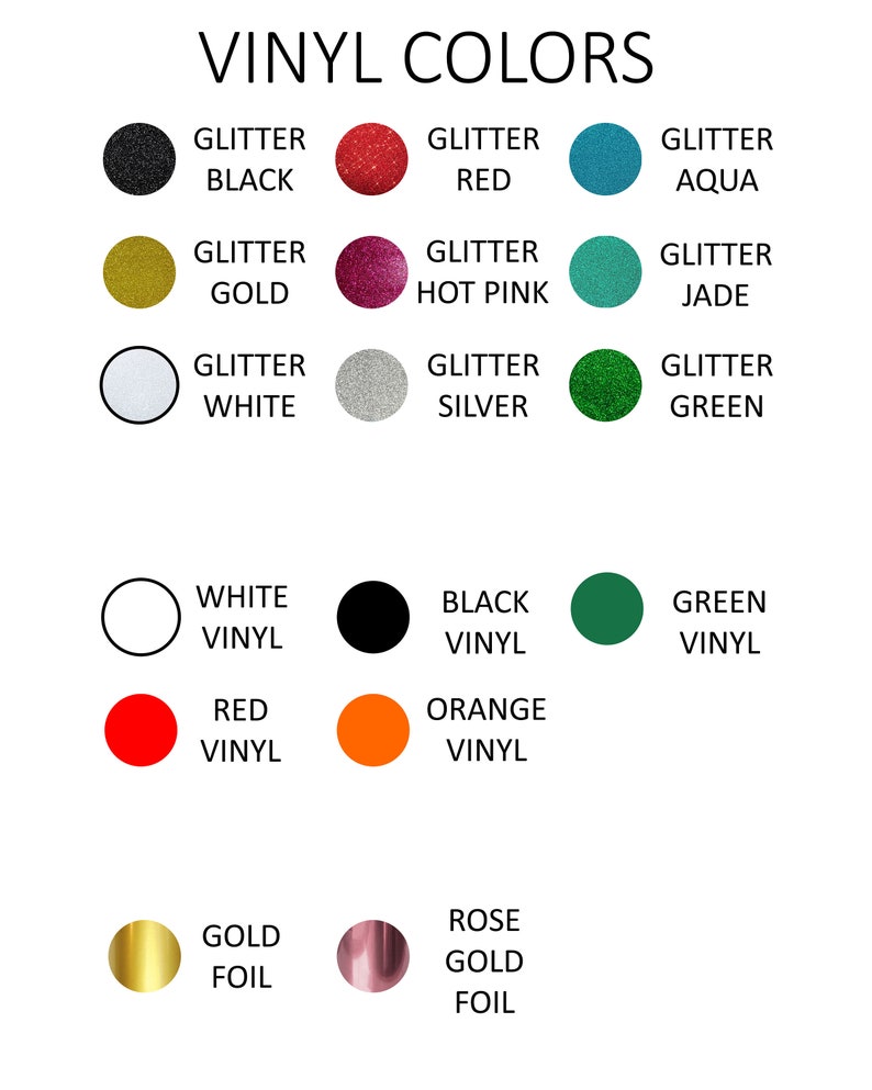 Puede incluir: Una tabla que muestra diferentes colores de vinilo y purpurina para proyectos de manualidades. Los colores incluyen negro, blanco, rojo, dorado, verde, plateado, aguamarina, rosa intenso y jade.