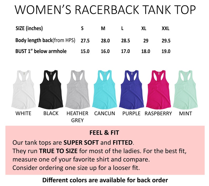 Puede incluir: Camiseta de tirantes con espalda nadadora en varios colores, incluyendo blanco, negro, gris jaspeado, turquesa, morado, rosa y menta. La tabla de tallas muestra las medidas en pulgadas para la longitud del cuerpo y el busto.
