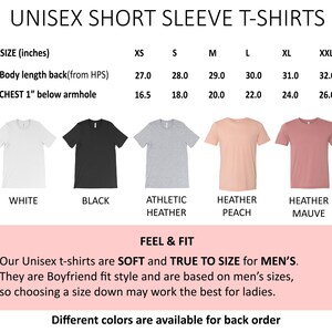 May include: Unisex short sleeve t-shirts in various colors, including white, black, heather gray, peach, and mauve. Size chart shows measurements in inches for body length and chest width.