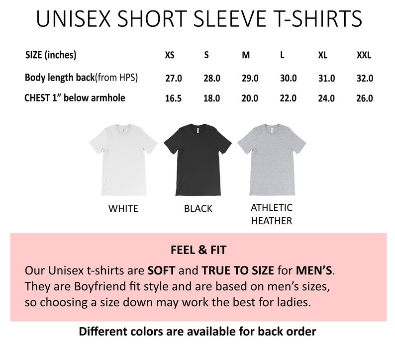 Puede incluir: Tabla de tallas para camisetas de manga corta unisex. La tabla muestra las tallas XS a XXL con medidas en pulgadas para la longitud del cuerpo y el pecho. La tabla tambi&eacute;n muestra tres colores de camisetas: blanco, negro y gris deportivo.