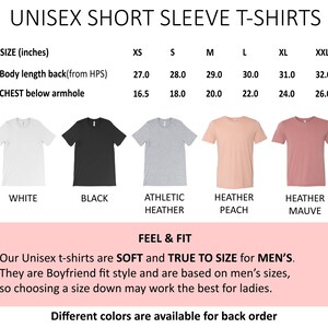May include: Unisex short sleeve t-shirts in various colors, including white, black, heather gray, peach, and mauve. The size chart shows measurements in inches for body length and chest width for sizes XS to XXL.