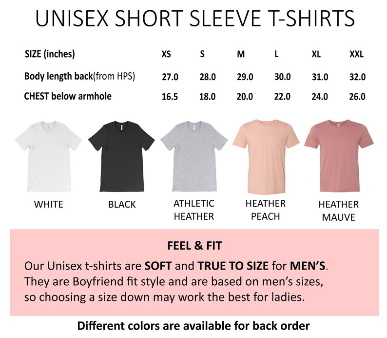 May include: Unisex short sleeve t-shirts in various colors, including white, black, heather gray, peach, and mauve. The size chart shows measurements in inches for body length and chest width for sizes XS to XXL.
