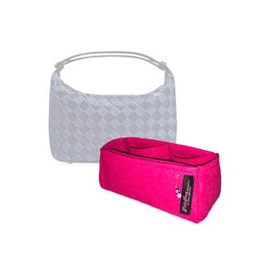 May include: A bright pink felt bag organiser with multiple interior compartments and a black rectangular fabric tag featuring the white text Felt Bag Organizer by Seda Bertan, positioned in front of a light grey woven handbag silhouette.