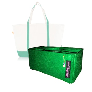 May include: A white tote bag with teal trim and a green felt bag organiser. The organiser has a rectangular shape with multiple compartments and a small tag that reads "Felt Bag Organizer by Seda Bertas."