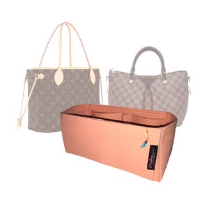 May include: A peach-colored felt handbag organizer insert with multiple interior compartments, a small gold safety pin with blue beads attached, and a black fabric tag with the text Felt Bag Organizer by Veltra Design printed in white.