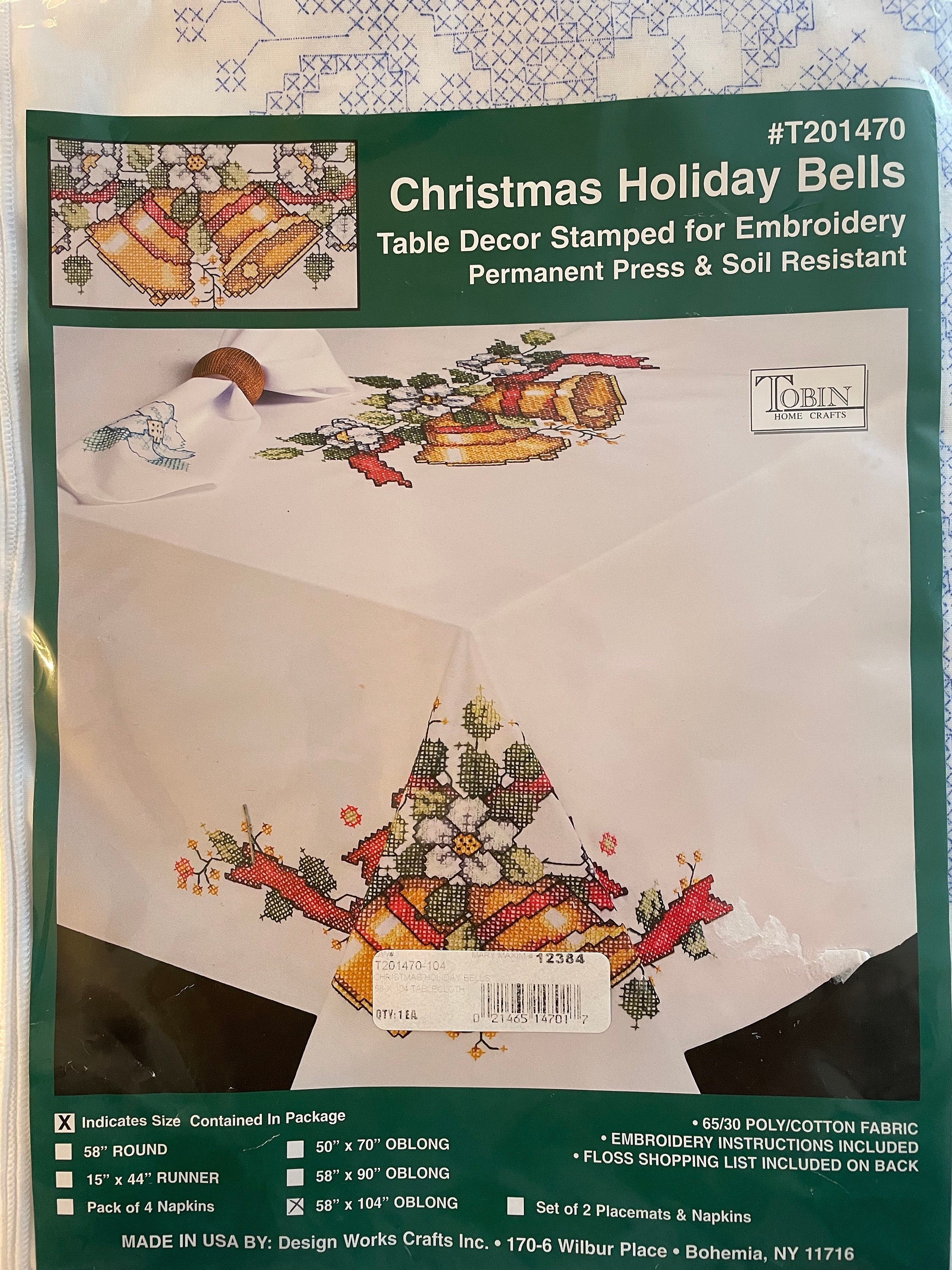 Yuletide Bells Stamped CrossStitch Table Cloth Kit Christmas Ornaments  Holiday Contemporary Stitchery Crafts
