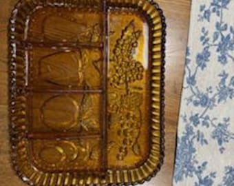 Vintage Amber Indian Glass Divided Relish Tray w/fruit Pattern