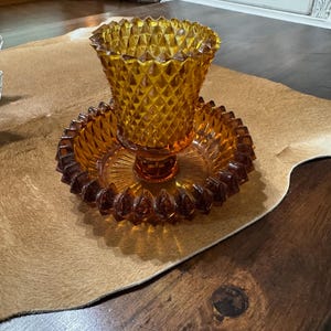 Vintage Amber Indiana Glass Diamond Point Votive Peg Candle Holder with Base