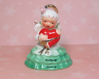 Napco Vintage Cute Belle Of Friday Angel Bell Holding Large Red Heart S1291E 1956 Made In Japan Lefton Ucagco Norcrest Christmas Valentines