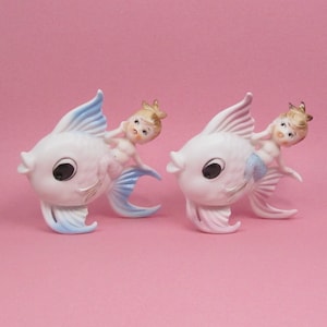 Norcrest Vintage HTF Adorable Pastel Mermaids Riding Their Cute Angel Fish Wall Pocket Pair/Set P969 Made In Japan 1950s Lefton Enesco